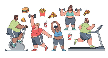 Body Positivity and Healthy Lifestyle Choices Illustrated People Exercising and Enjoying Treats
