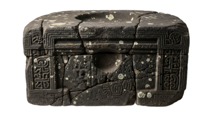 Ancient, dark stone artifact featuring intricate carved patterns and a central depression, reminiscent of an old ritual vessel or mortar, unearthed from historical depths