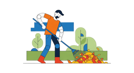 Man Raking Leaves in Autumn Garden with Focus and Determination.