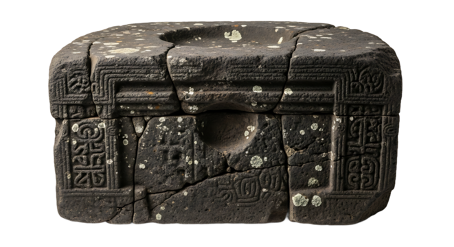 Ancient, dark stone artifact featuring intricate carved patterns and a central depression, reminiscent of an old ritual vessel or mortar, unearthed from historical depths