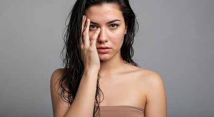 Close Up Portrait of a Young Woman Touching Her Face Showing Skin Concerns