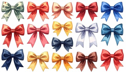 Collection of Pixelated Bows in Various Colors Including Red Blue Yellow Green and Brown Against a White Background Displaying a Festive or Decorative Theme