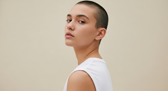 Portrait of a young woman with a buzz cut wearing a white top against a plain background