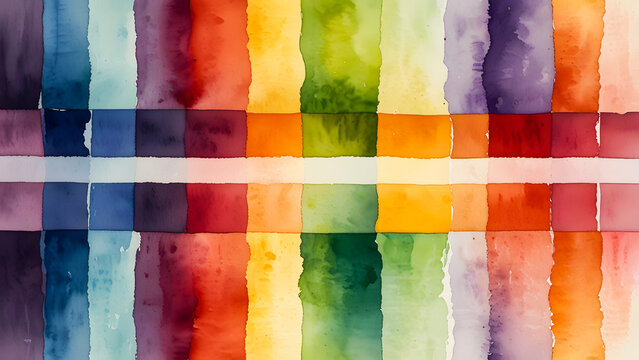 A vibrant Chakra-inspired watercolor with stacked color fields representing the 7 chakras, blending with soft transitions, and emanating a gentle background light.