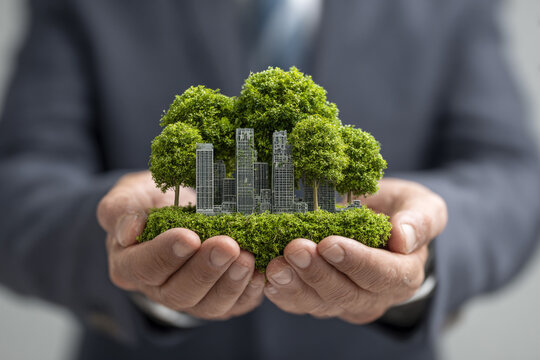 Businessman Holding Sustainable Miniature City Model in Hands