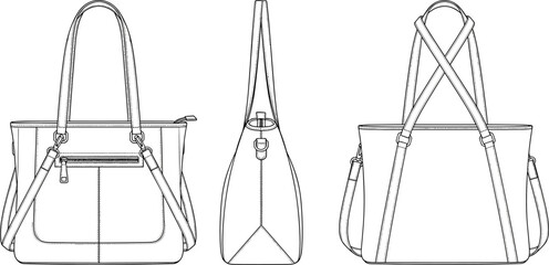 Handbag technical sketch front, side, back views, zip pocket, strap detail, hardware components, cad drawing flat vector illustration