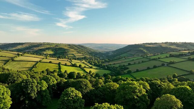 Aerial view of rolling hills with cultivated fields and interspersed trees under a blue sky. Sunlight bathes the scene, highlighting the landscape