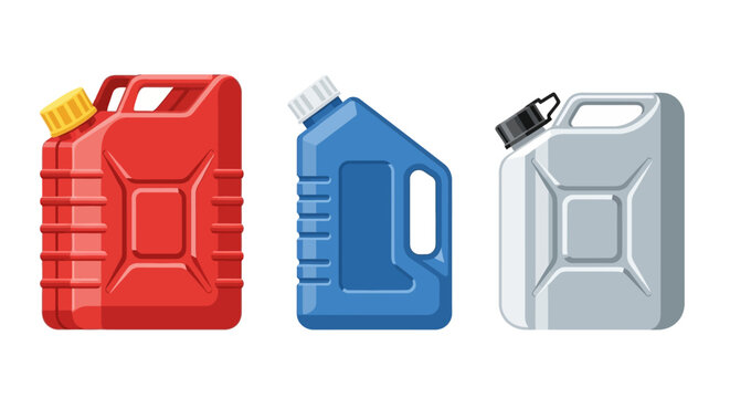 Collection of Various Fuel Container Designs Red, Blue, and Gray Gas Cans for Storage and Transport