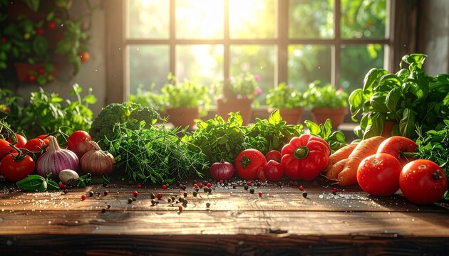 A wooden counter with vibrant fresh vegetables, herbs, warm daylight and a clean natural cooking mood. - Powered by Adobe