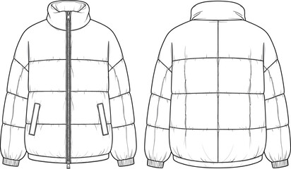 Puffer jacket technical sketch front and back views, quilted sections, zipper, collar, cad drawing flat vector illustration
