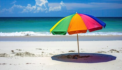 Colorful beach umbrella stands on white sand beach with turquoise ocean waves and blue sky overhead on a sunny day