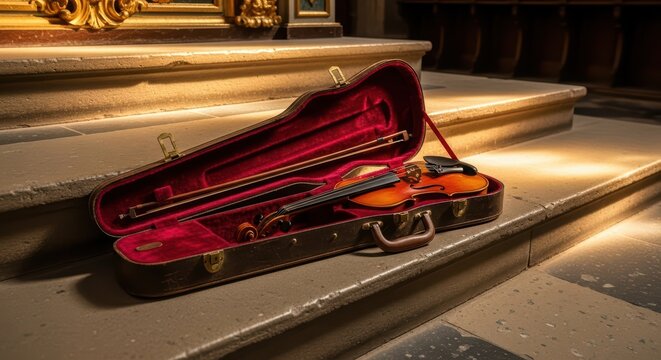 Elegant violin in open case on stone steps with sunlight highlighting instrument