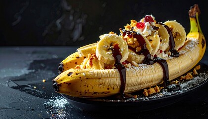 Delicious Banana Split Sundae Overflowing with Whipped Cream Chocolate Sauce Nuts and Cherries on a Dark Textured Surface