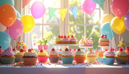 Colorful Birthday Celebration with Cupcakes and Balloons A Festive Indoor Party Scene with Natural Light Streaming Through the Window