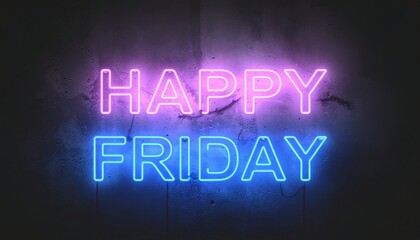Vibrant neon text glowing on a distressed concrete wall, illuminating the cheerful message 'Happy Friday' with a captivating electric glow