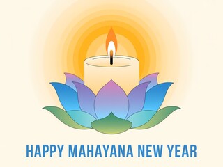 Serene mahayana new year greeting featuring a glowing candle atop a vibrant lotus flower