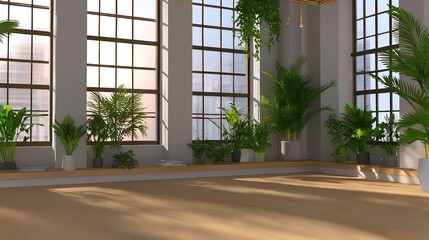 Sunlit Modern Interior with Lush Green Plants and Large Windows