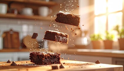 Delicious chocolate brownies levitating with powdered sugar and chocolate chips in a sunlit kitchen setting