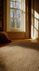 Cozy Sunlit Room with Textured Carpet and Large Window