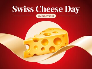 Celebrate swiss cheese day with a delicious wedge of emmental cheese on a festive red background
