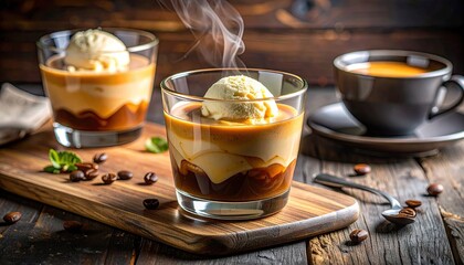 Delicious Coffee Dessert with Vanilla Ice Cream and Whipped Cream Served on a Wooden Board with Coffee Beans and Mint Leaves in a Cozy Atmosphere