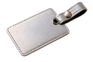 Silver textured luggage tag with strap isolated on transparent background