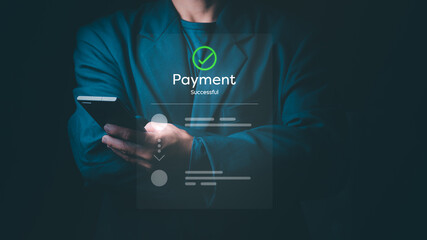 A secure online payment concept with a focus on fintech innovation, financial security, encryption, and global e-commerce trends. Businesspeople use online payments for convenience and speed.