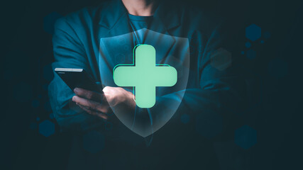 Businessman showing plus sign for access to health benefits, health insurance concept. Fast and modern health technology provides medical information and consultation.