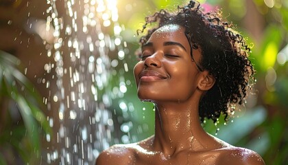 Close Up Of A Serene Young Black Woman Enjoying A Refreshing Outdoor Shower With Sunlight And Lush Greenery In The Background