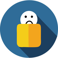 Sad Face Icon in Yellow Blanket Against Blue Circle Background with Long Shadow