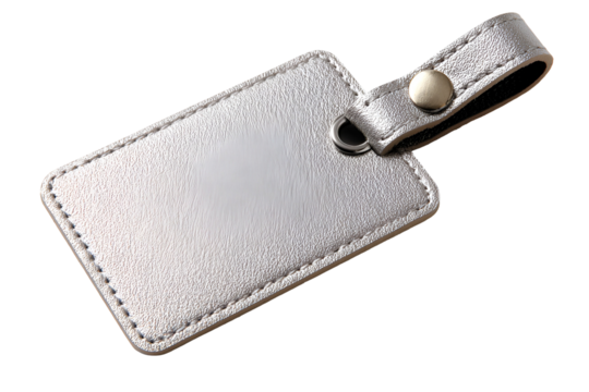 Silver textured luggage tag with strap isolated on transparent background