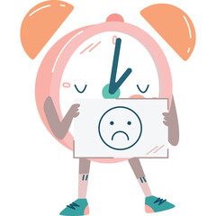 Sad Pink Alarm Clock Character Holding a Sign with a Frowning Face Illustration
