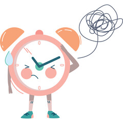 Sad Pink Alarm Clock Character With Green Hands And Orange Top Bells Feeling Stressed With A Blue Sweat Drop And A Scribble Cloud Above Its Head On A White Background