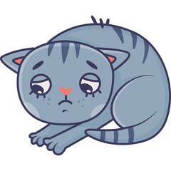 Sad Pixel Art Gray Tabby Cat Curled Up with Droopy Eyes and Tired Expression on Transparent Background
