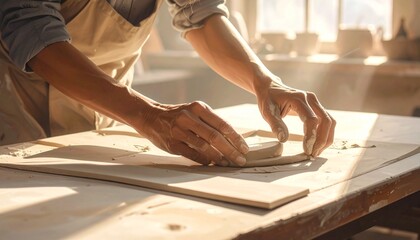 A pair of hands shaping soft clay in warm diffused light, natural textures and a quiet focused craft moment.