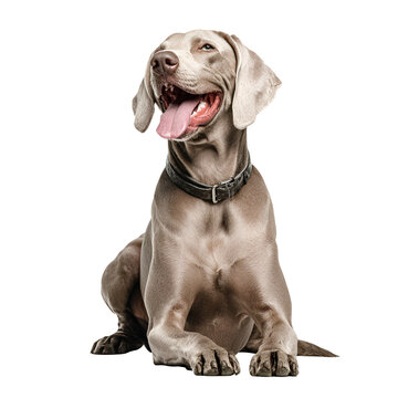 Happy weimaraner dog sitting and panting isolated on transparent background