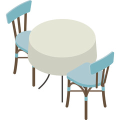 Round Table With Two Light Blue Chairs In Light Cream Color With Brown Legs And Accents On Transparent Background