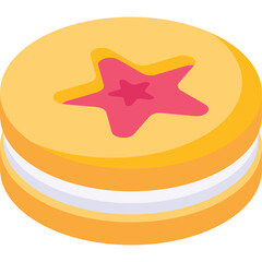 Round Yellow Cookie Sandwich With Pink Star Jam Filling And White Cream Layer Isolated On White Background Studio Shot