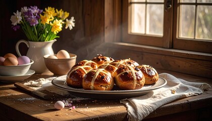 Delicious Golden Brown Hot Cross Buns Arranged On A Rustic Wooden Table With A Bowl Of Eggs And A Vase Of Yellow And Purple Daffodils In Soft Sunlight Near A Window
