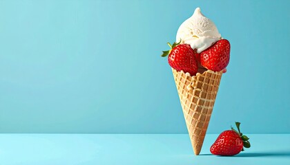 Delicious ice cream cone with vanilla scoop and fresh strawberries on a bright blue background with soft lighting and a crisp waffle texture
