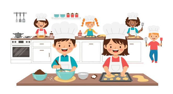 Children learning to bake delicious cookies and cakes in a brightly lit kitchen classroom