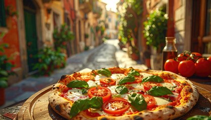 Delicious Margherita Pizza With Fresh Basil And Tomatoes Presented On A Wooden Board In A Picturesque Italian Street Scene With Warm Sunlight Illuminating The Cobblestone Path And Colorful Buildings