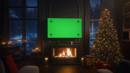Cozy Christmas fireplace with a decorated tree and a green screen for festive messages