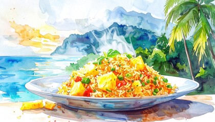 Delicious Pineapple Fried Rice Served in a Tropical Setting with Palm Trees and Ocean View