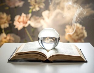 Crystal ball on an open book, soft lighting, floral backdrop, and wisps of smoke