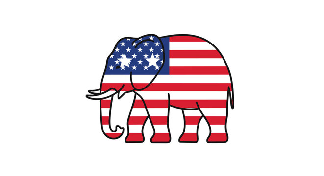 Symbol of the US Republican Party, an elephant decorated with the American flag pattern, isolated on a white background.
