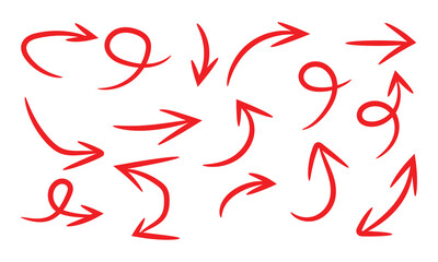 Collection of hand drawn red arrows isolated on, vector set
