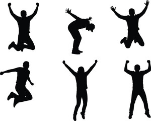 Collection of six black silhouettes of happy men jumping high, cheering, and celebrating success, isolated on white background for vector design.