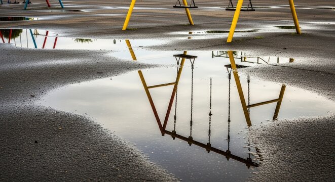 Empty playground swings and reflections in rain puddles