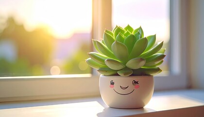 Close up of a succulent plant in a smiling pot with a happy face sitting on a windowsill with bright sunlight and bokeh background